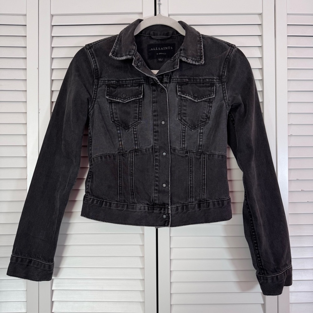 All Saints Jasper Jean Jacket Two Tone Black Distressed Edgy Size XS